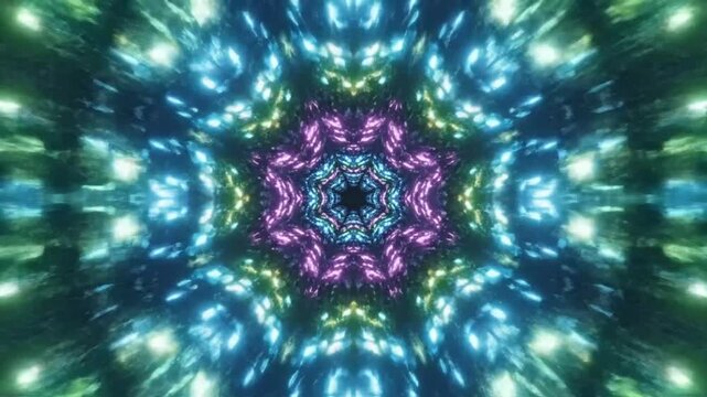 Mesmerizing psychedelic kaleidoscope tunnel with radiant multicolored light patterns and vibrant visual effects