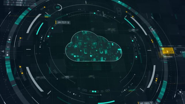 Motion graphic of a cloud computing interface featuring glowing data nodes designed for global network presentations.