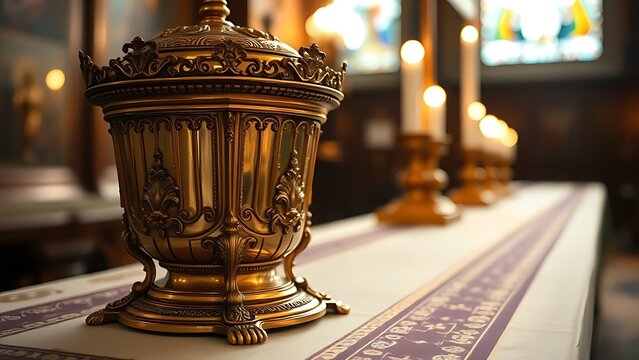 Ornate ancient gold pyx on a church altar illuminated by candlelight.