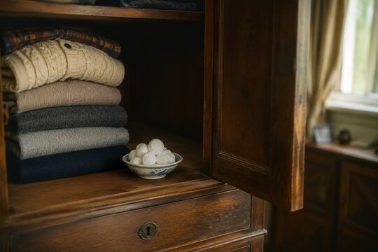 White camphor balls placed inside an antique wooden wardrobe with folded clothing.