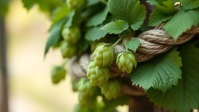 Close-up of green hop bines with leaves spiraling around a support rope.