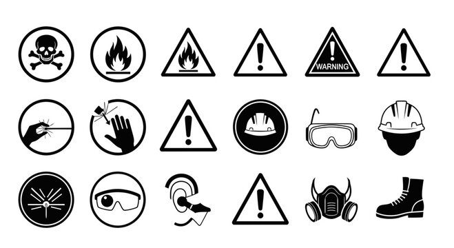 Set of industrial safety signs and personal protective equipment icons