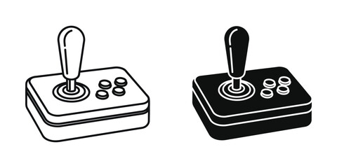 Retro gaming joystick controller set in outline and solid black styles for game interface © EliachStock