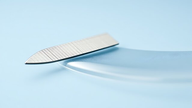 Surgical scalpel blade resting against a thin, translucent silicone membrane.