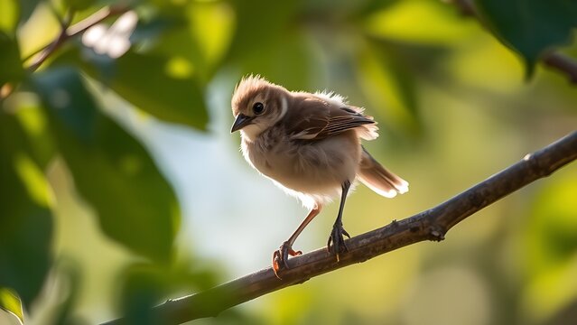 Fledgling bird fluffing feathers on branch, soft morning light through leaves.