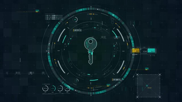 Motion graphic of a digital network security interface featuring glowing cryptographic keys designed for tech presentations.