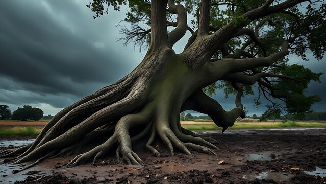 A large tree tilted by a storm with exposed roots and a dark sky.
