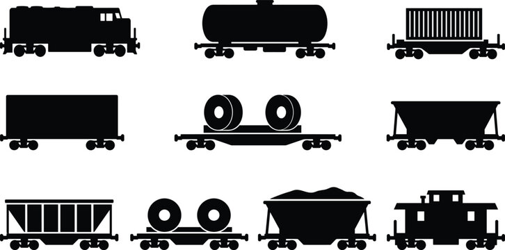 Freight train silhouette icons set including locomotive tanker flatcar hopper boxcar and caboose for logistics design