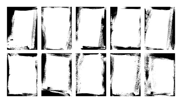 Brush painted distressed edge photo frames. Textured picture overlay borders. Black paint stained abstract photo frames. Messy dabs and daubs on black A4 proportional papers. Dirty social media bg