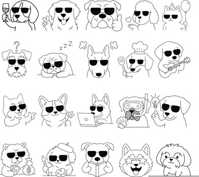 Dogs and cats wearing sunglasses doing various activities in EMOT illustrations. Collection of dog and cat illustrations wearing sunglasses and engaging in different activities. dog, cat, sunglasses, 