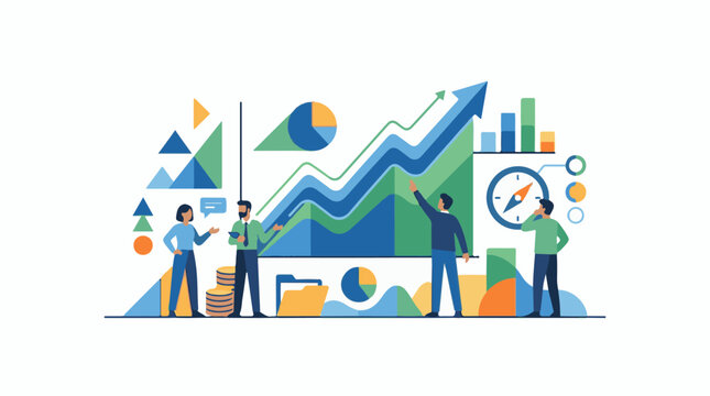 A colorful infographic illustration of four people analyzing and discussing various charts