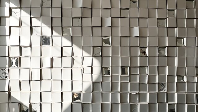 Fragmented mosaic of mirrored tiles on a wall with slightly misaligned reflections creating a pattern.