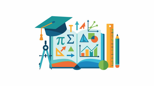 A colorful illustration of a graduation cap on an open book with mathematical symbols