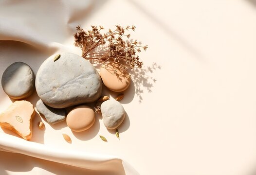 make up powder Organic wellness background, natural stones, dried flowers, soft fabric, herbal elements, sunlight and shadows, calm beige tones, minimalist composition, large copy space, luxury spa br