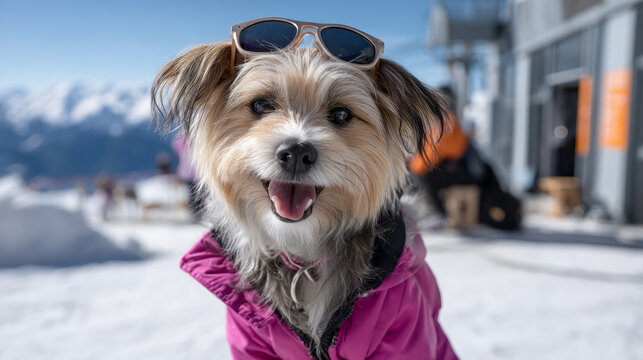 Portrait of little dog in pink jacket and glasses with snowboard or skis on fresh snow, at ski resort on vacation