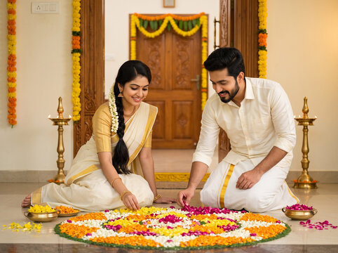 young indian couple creating traditional onam pookalam together at kerala home entrance during festive celebrations and flower decoration preparations