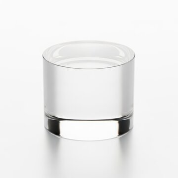 A perfectly smooth, clear, blank round acrylic cylinder block isolated on a bright white background, suitable for mockups and displays, pedestal, display, transparent