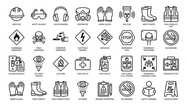 Industrial Health and Safety Icon Set Minimalist Linear Vector Graphics for Occupational Protection Personal Protective Equipment Warning Signs and Emergency Procedures