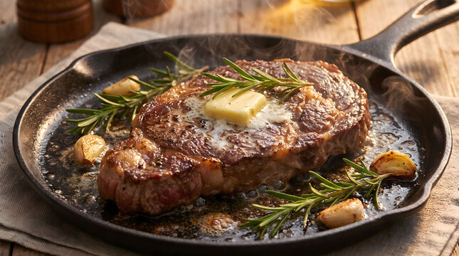 Thick juicy grilled beef steak with melting herb butter and rosemary cooking in a hot cast iron skillet