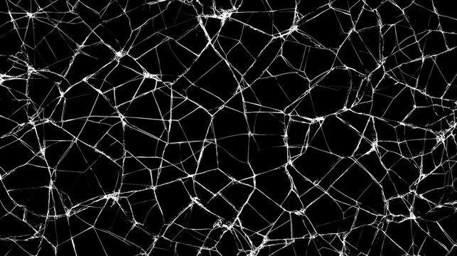 Cracked glass texture on black background, broken window pane lines overlay