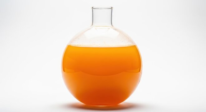 Bulbous glass container filled with intensely vibrant, freshly pressed orange juice, highlighting the round, orange-hued volume, juice, table, healthy