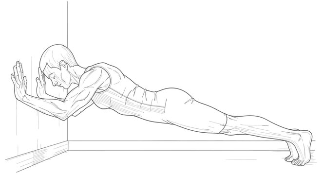 Man performing wall push up exercise in line art style