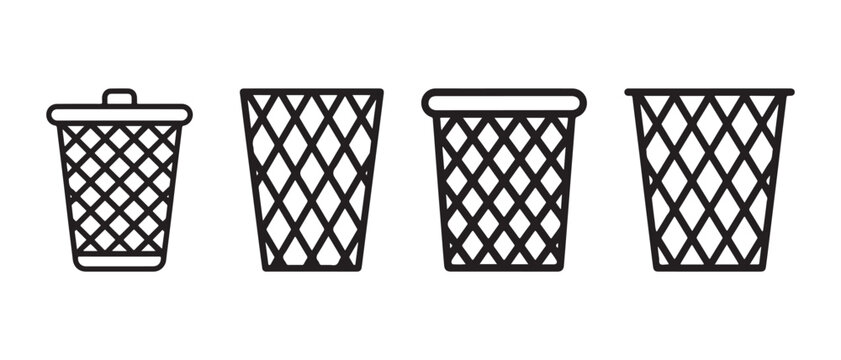 Set of four simple black line art trash bin icons for office and home waste management.