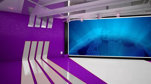 Futuristic Virtual News Studio Loop with Purple Textured Walls and Animated Blue Globe World Map Screen