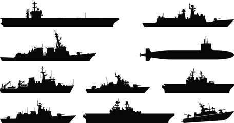 Obraz premium Vector silhouettes of modern navy military ships and submarines set isolated on white background