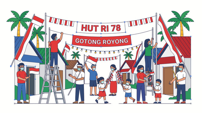 People decorating for Indonesian Independence Day.