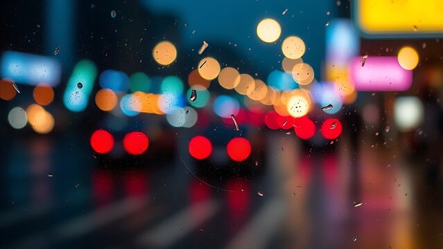 Dusty windowpane with grime and droplets, blurred colorful street lights outside.