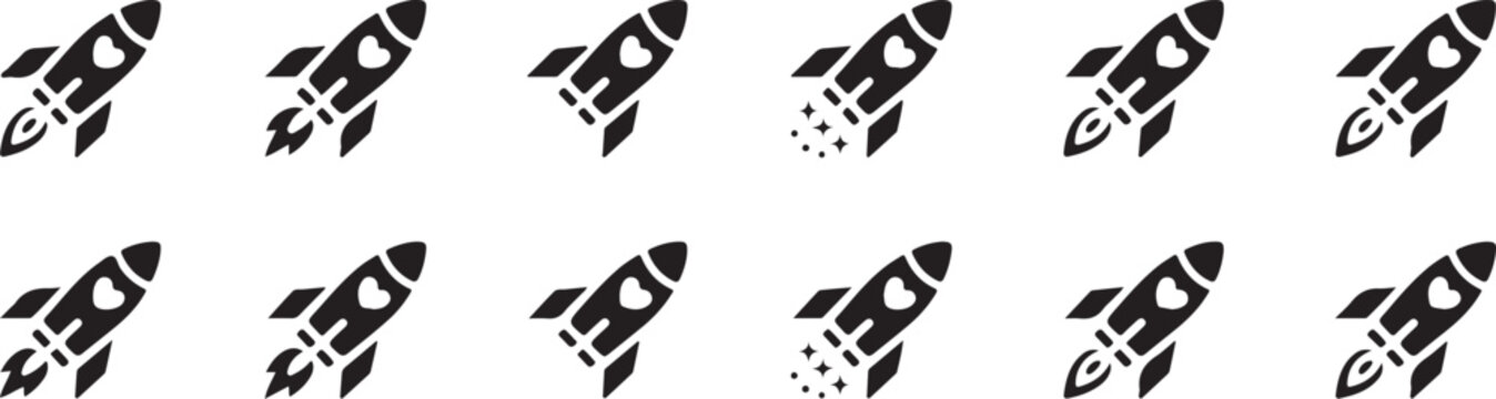 Space travel concept with rocket ship icons featuring hearts and fire trails for romantic exploration or futuristic love themes.