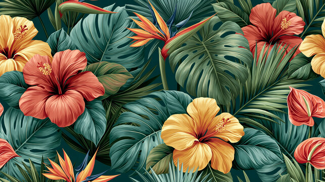 Bold Tropical Seamless Pattern with Hibiscus Flowers and Exotic Palm Leaves
