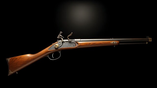 Antique flintlock musket with ornate wooden stock and brass fittings.