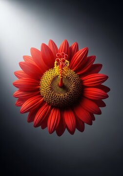 Stunning hybrid bloom combining the cheerful size of a sunflower with the exotic red petals and lush stigma of a tropical hibiscus, cheerful, red, bloom
