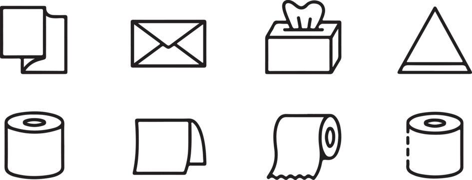 Set of paper products outline icons showing toilet paper rolls tissue box envelope and square napkins for hygiene or stationery.