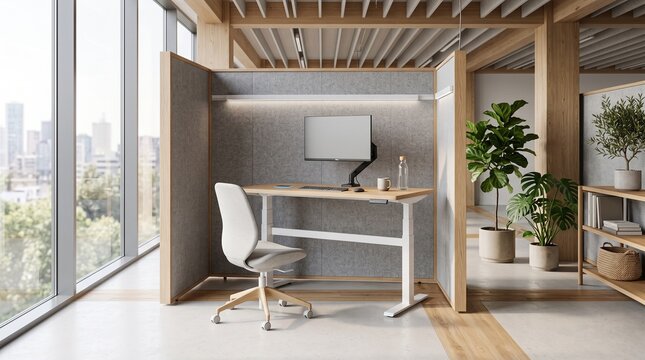 A modern, minimalist office cubicle featuring an adjustable standing desk, monitor arm, and acoustic panels