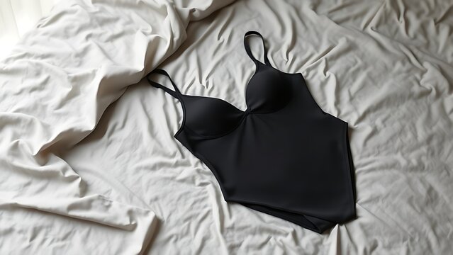 Black seamless shapewear on light grey silk sheets with soft fabric texture.