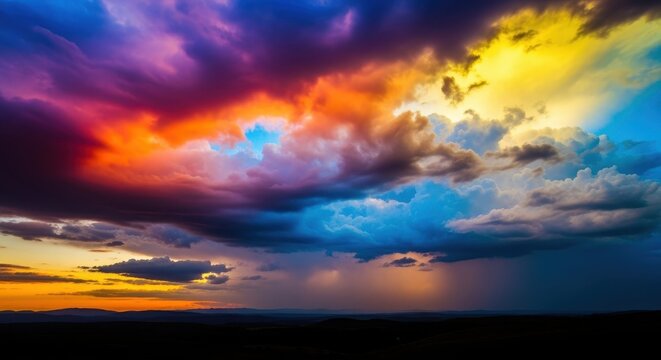Wide scenic vista showing an enormous colorful cloudscape stretching toward the horizon above a distant, shadowed landscape, dusk, open space, open
