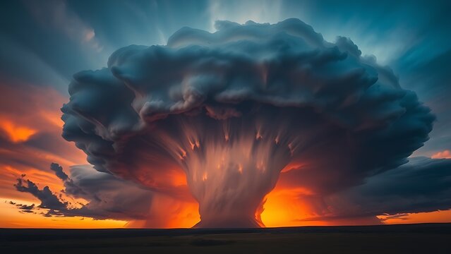 Massive anvil-shaped thunderstorm cloud formation at sunset, dramatic sky.