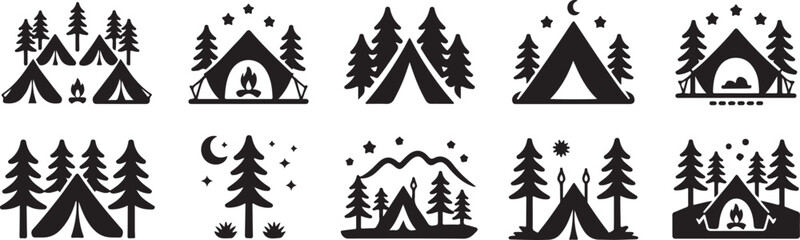 Obraz premium Collection of camping and outdoor adventure icons featuring tents, pine trees, campfires, stars, and mountains.