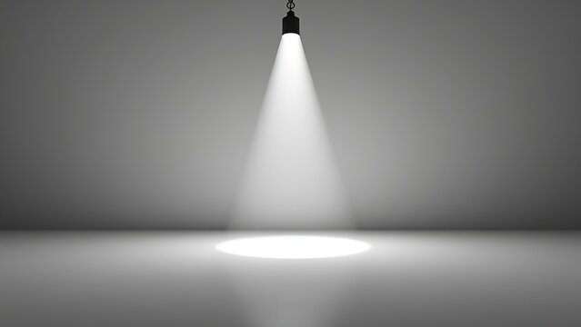 Single spotlight illuminating small shadow on vast empty floor, high contrast.