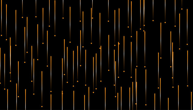 Abstract orange digital rain background with glowing vertical lines and particles falling on black