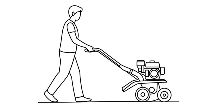 Man walking and pushing a gas powered tiller or garden cultivator machine for soil preparation in a farming field