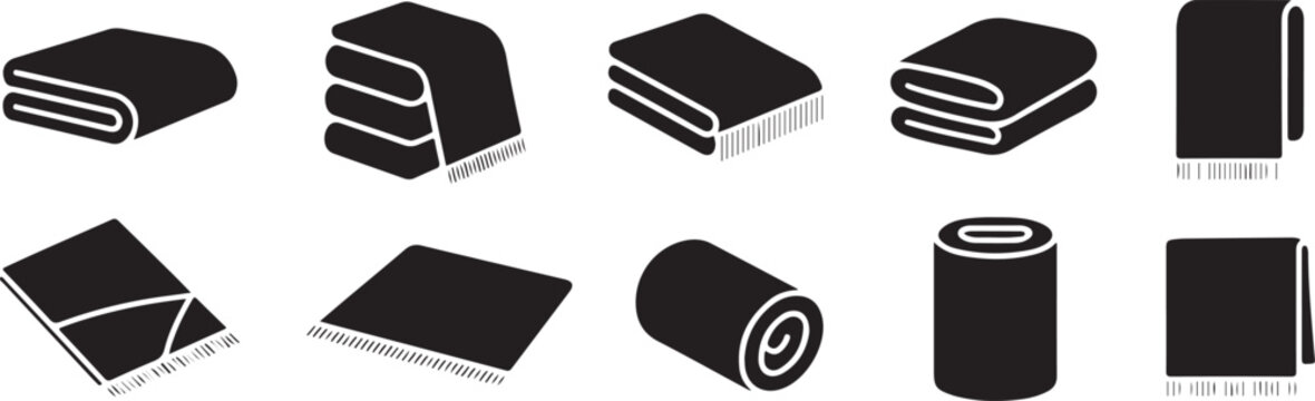 Set of blankets and rugs icons. collection of black plaid, quilt, and comforter symbols in various shapes.