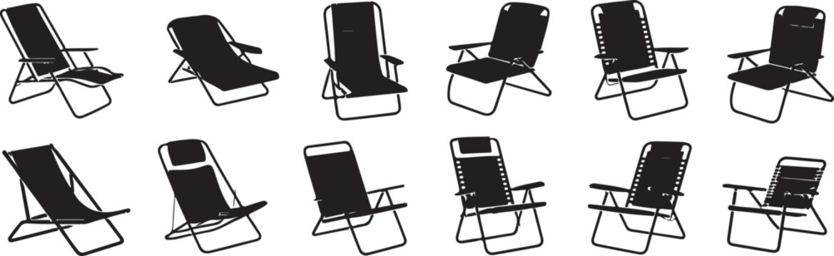 Black camping chairs icon set isolated on transparent background, template for outdoor activity and travel concepts.