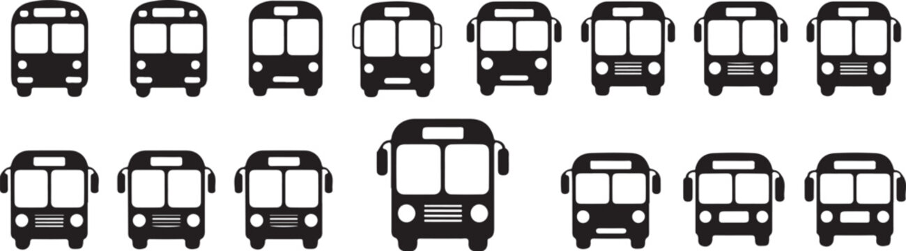 Black bus icon set isolated on transparent background, template for public transport and travel concepts.