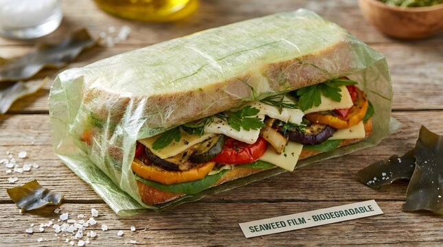 A vibrant and detailed shot of a generic sandwich wrapped in sustainable seaweed film, placed on a rustic wooden table for a cinematic food view.