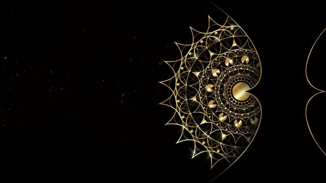 Animation of Luxury mandala background with gold frame in arabesque pattern Arabic style. Motion Graphics Video Mandala Rotating, golden particles elegant black Background and copy space for you text