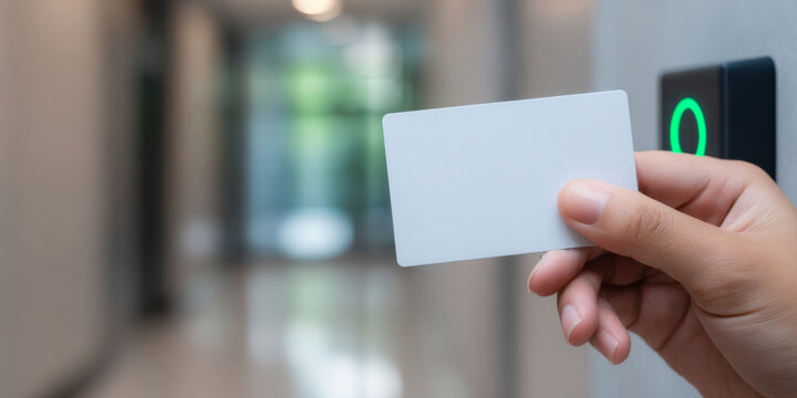 Hand holding access card near security reader